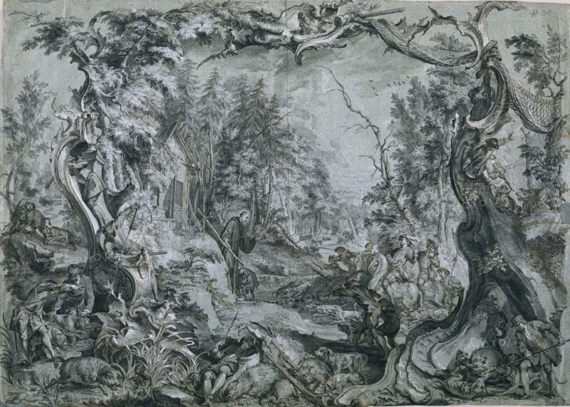 Saint Deicolus and the Boar, 1747-1748. Johann Wolfgang Baumgartner (German, 1712-1761). Pen and brown and gray ink and brush and gray wash heightened with white gouache; incised, verso coated with red chalk; sheet: 52.2 x 73.5 cm (20 9/16 x 28 15/16 in.).