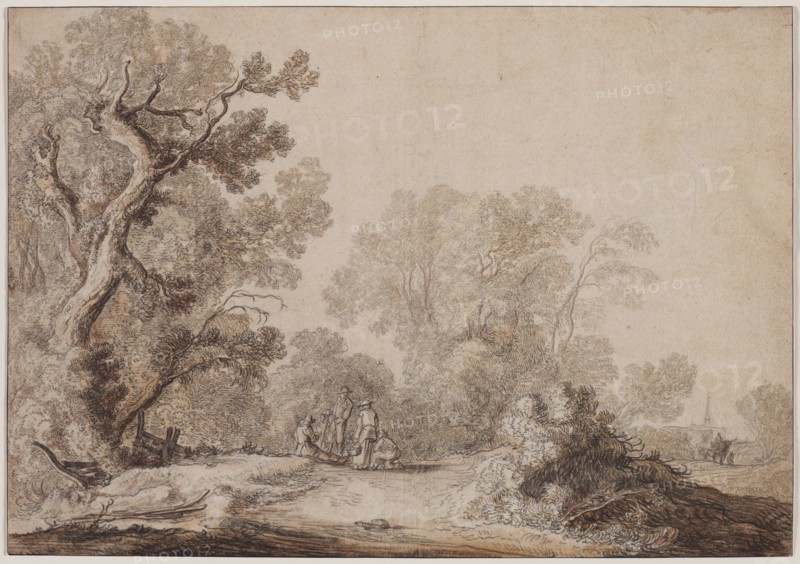 Peasants at the Edge of a Wood, c. 1630. Jacob van Mosscher (Dutch, 1655). Black chalk and brush and brown wash; framing lines in black ink; sheet: 35.8 x 51.9 cm (14 1/8 x 20 7/16 in.); secondary support: 35.8 x 51.9 cm (14 1/8 x 20 7/16 in.).