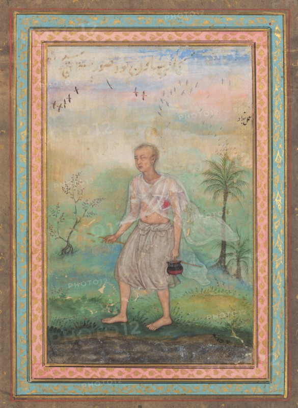 Jain Ascetic Walking Along a Riverbank, c. 1600. Basavana (Indian, active c. 1560–1600). Ink and color on paper; image: 14.7 x 9.8 cm (5 13/16 x 3 7/8 in.); overall: 38.8 x 26.3 cm (15 1/4 x 10 3/8 in.); with mat: 49 x 36.3 cm (19 5/16 x 14 5/16 in.).