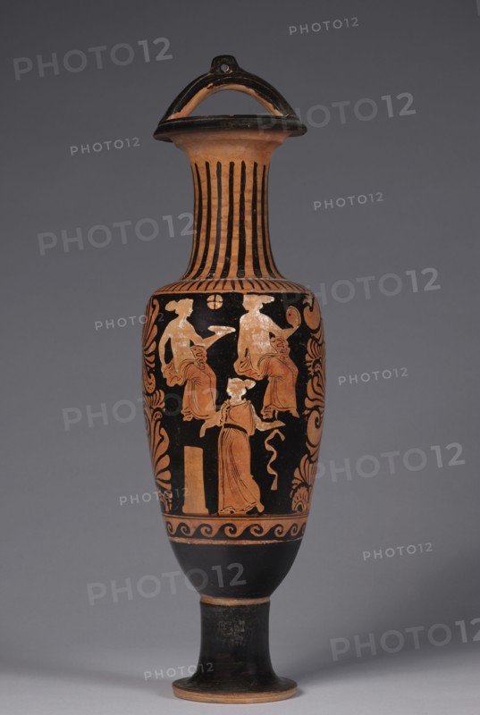 Bail Amphora, 330-320 BC. CA Painter (Greek). Red-figure terracotta; diameter: 12.2 cm (4 13/16 in.); overall: 54.6 cm (21 1/2 in.).