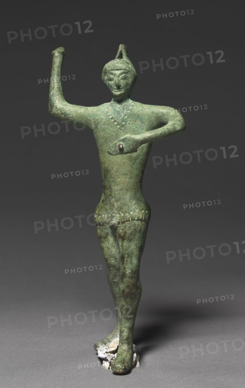 Statuette of a Warrior, 500-450 BC. Italy, Rimini, Etruscan, 5th century. Bronze; overall: 28 cm (11 in.).