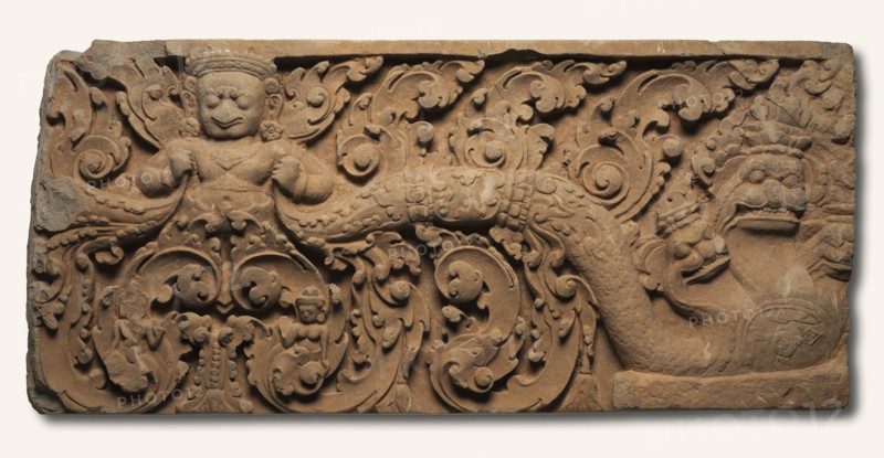 Lintel with Garuda, 875-925. Cambodia, Preah Ko, possibly from Kok Po, Prasat D, late 9th-early 10th Century. Sandstone; overall: 52.6 x 118.1 x 17.8 cm (20 11/16 x 46 1/2 x 7 in.).