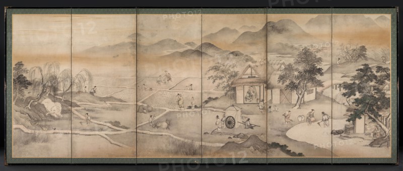 Emperor Yao Visiting Yu Chonghua, mid- to late 1600s. Kusumi Morikage (Japanese, c. 1620-c. 1690). One of a pair of six-panel folding screens, ink, slight color, and gold on paper; image: 131.9 x 348 cm (51 15/16 x 137 in.); including mounting: 147.3 x 363.7 cm (58 x 143 3/16 in.).