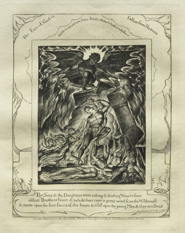 The Book of Job:  Pl. 3, Thy Sons and thy Daughters were eating and drinking Wine in their / eldest Brothers house, 1825. William Blake (British, 1757-1827). Engraving