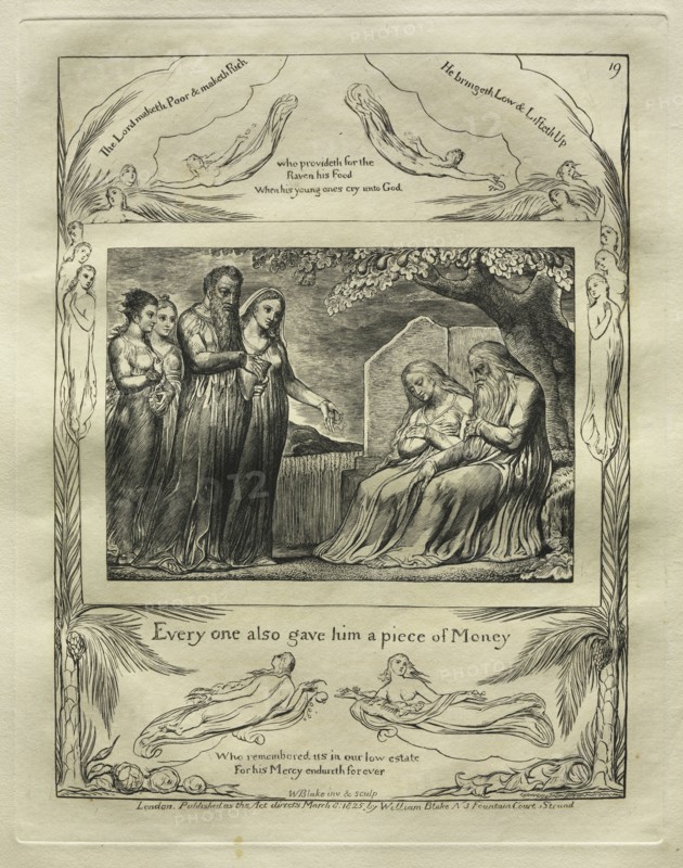 The Book of Job:  Pl. 19, Every one also gave him a piece of Money, 1825. William Blake (British, 1757-1827). Engraving