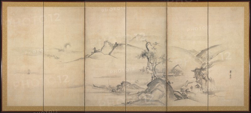 Eight Views of the Xiao and Xiang Rivers, 1700s. Watanabe Shiko (Japanese, 1683-1755). Six-panel folding screen, ink on paper; image: 150 x 356 cm (59 1/16 x 140 3/16 in.); overall: 170 x 376 cm (66 15/16 x 148 1/16 in.).