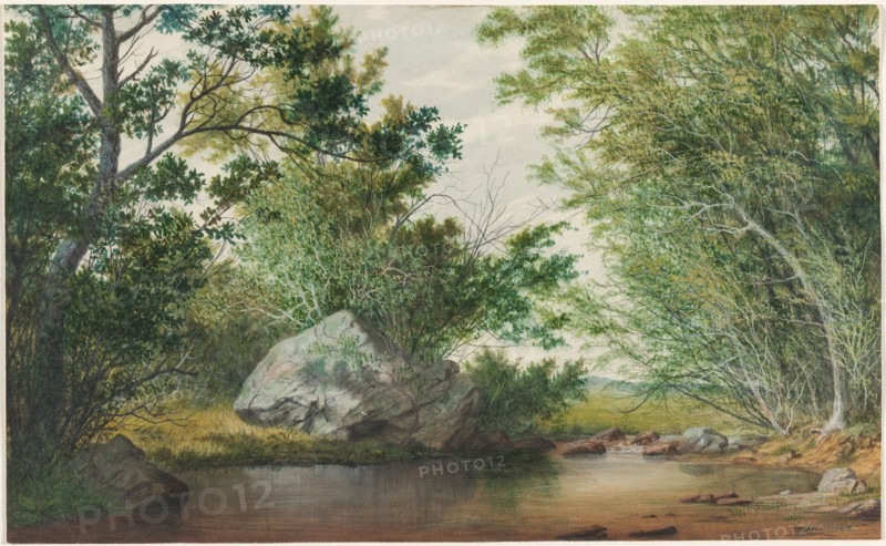 Landscape with Wooded Stream and Boulder, c. 1880s. William Allen Wall (American, 1801-1885). Watercolor and gouache with traces of graphite;