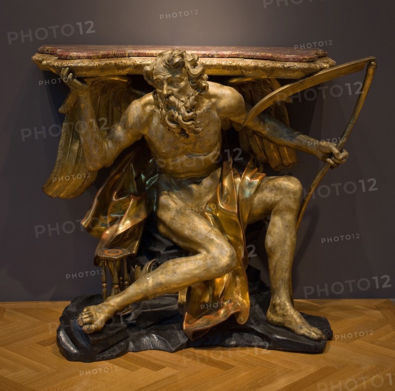 Console Table Depicting Chronos, or Father Time (top), c. 1700. Italy, probably Rome, late 17th-early 18th Century. Painted and gilded wood, marble top; overall: 95.3 x 107.3 x 62.9 cm (37 1/2 x 42 1/4 x 24 3/4 in.).
