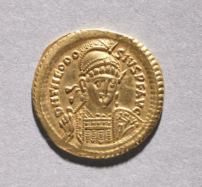 Solidus of Theodosius II and Valentinian III , 408-425. Byzantium, Constantinople, Byzantine period, 5th century. Gold; diameter: 2.3 cm (7/8 in.).