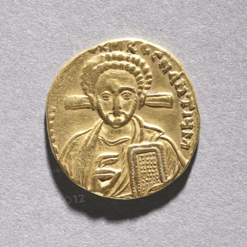 Solidus with Justinian II Rhinometus and His Son Tiberius (obverse), 705-711. Byzantium, 8th century. Gold; diameter: 2 cm (13/16 in.).