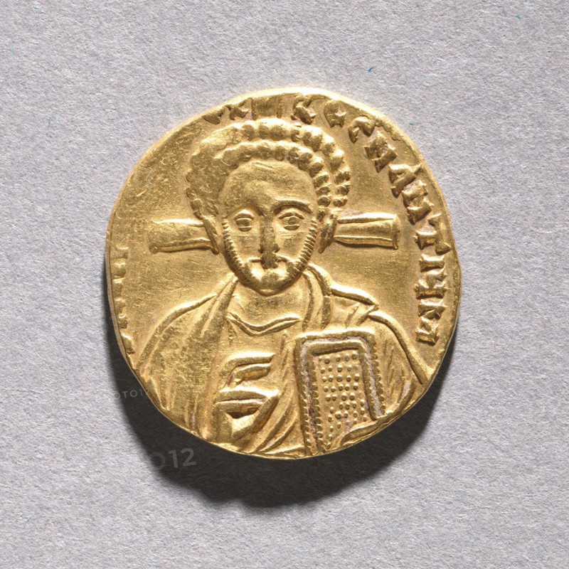 Solidus with Justinian II Rhinometus and His Son Tiberius, 705-711. Byzantium, 8th century. Gold; diameter: 2 cm (13/16 in.)