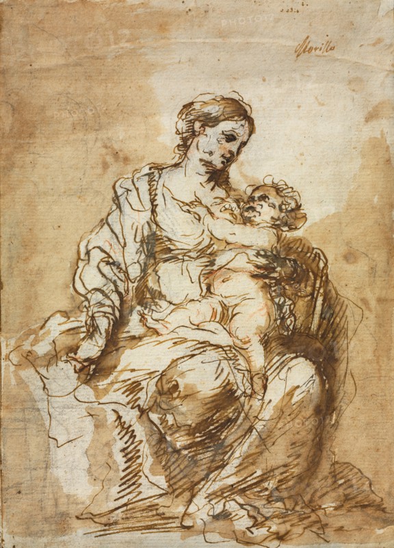 Madonna Nursing the Christ Child, c. 1670. Bartolomé Esteban Murillo (Spanish, 1617-1682). Pen and brown ink and brush and brown wash over red and black chalk, with traces of white, framing lines in brown ink; sheet: 21.4 x 15.4 cm (8 7/16 x 6 1/16 in.); secondary support: 24.1 x 18.5 cm (9 1/2 x 7 5/16 in.).