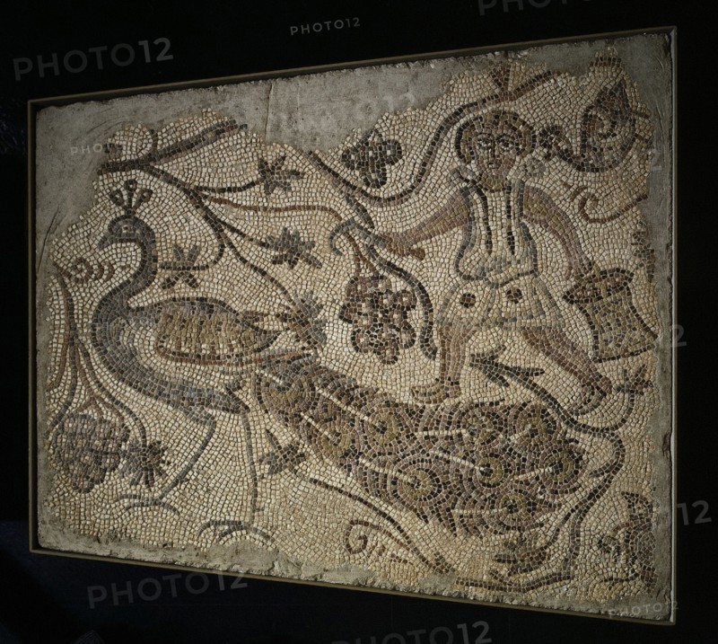 Floor Mosaic Panel: Grape Harvester with Peacock, 400s. Byzantium, Northern Syria, Byzantine period, 5th century. Marble tesserae; overall: 133.5 x 144.8 cm (52 9/16 x 57 in.)
