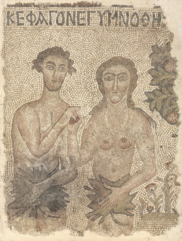 Fragment of a Floor Mosaic: Adam and Eve, late 400s-early 500s. Early Byzantium, Northern Syria, Byzantine period, late 5th-early 6th century. Marble and stone tesserae; overall: 142.9 x 107.3 x 5.7 cm (56 1/4 x 42 1/4 x 2 1/4 in.); mounted: 142.9 x 107.3 x 7 cm (56 1/4 x 42 1/4 x 2 3/4 in.).