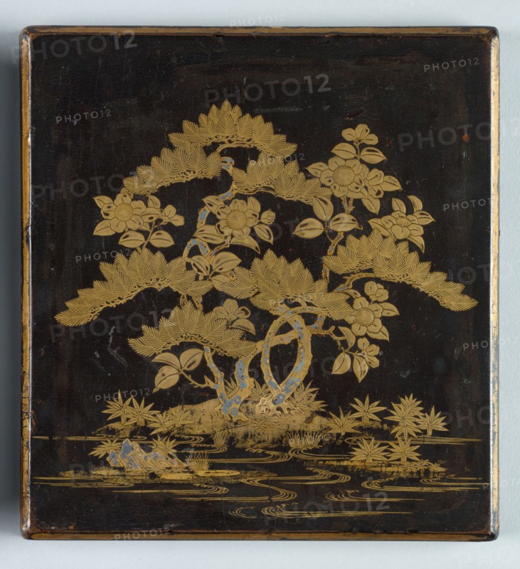 Writing Box (Suzuribako) with Design of Pine, Camellia and Bamboo (lid), 1400s. Japan, Muromachi Period (1392-1573). Lacquer on wood with decoration in maki-e; overall: 24.2 x 22.6 cm (9 1/2 x 8 7/8 in.).