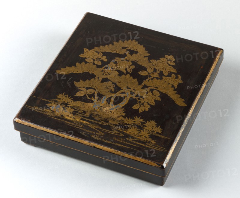 Writing Box (Suzuribako) with Pine, Camellia, and Bamboo, 1400s. Japan, Muromachi Period (1392-1573). Lacquer on wood with decoration in maki-e; overall: 24.2 x 22.6 cm (9 1/2 x 8 7/8 in.).