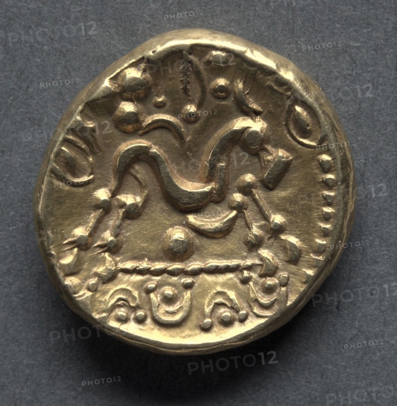 Gallo-Belgic type E (known as the Morini type) Stater (obverse), c. 57-45 B.C.. England (Ancient Britain), 1st century B. C.. Gold; diameter: 1.8 cm (11/16 in.).