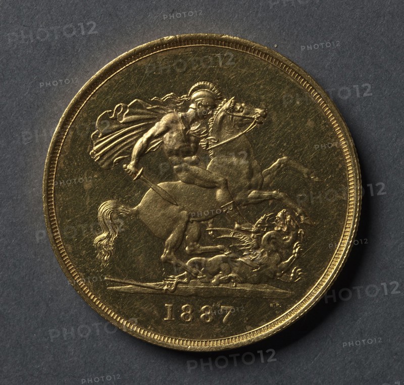 Five Pounds (reverse), 1887. Benedetto Pistrucci (Italian, 1784-1855). Gold