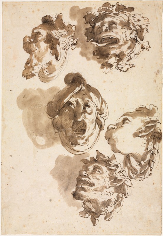 Five Grotesque Heads, second half 1700s. Gaetano Gandolfi (Italian, 1734-1802). Pen and brown ink and brush and brown wash, over black chalk; sheet: 29.5 x 20.2 cm (11 5/8 x 7 15/16 in.).
