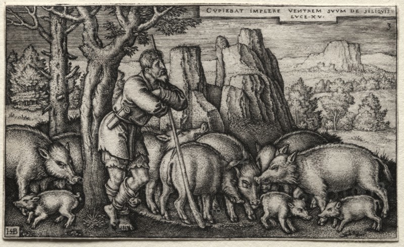 The Prodigal Son:  Tending Swine. Hans Sebald Beham (German, 1500-1550). Engraving