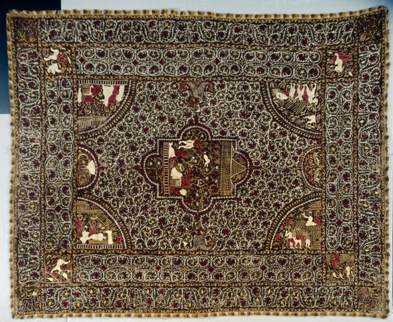 Bedspread, 1600s - 1700s. India, Goa, 17th-18th century. Embroidery; silk on cotton; overall: 271.7 x 223.5 cm (106 15/16 x 88 in.)
