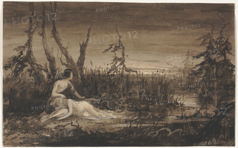 Figures in a Landscape. Francis Danby (British, 1793-1861). Brush and brown ink with white heightened ; sheet: 17.2 x 27.4 cm (6 3/4 x 10 13/16 in.).