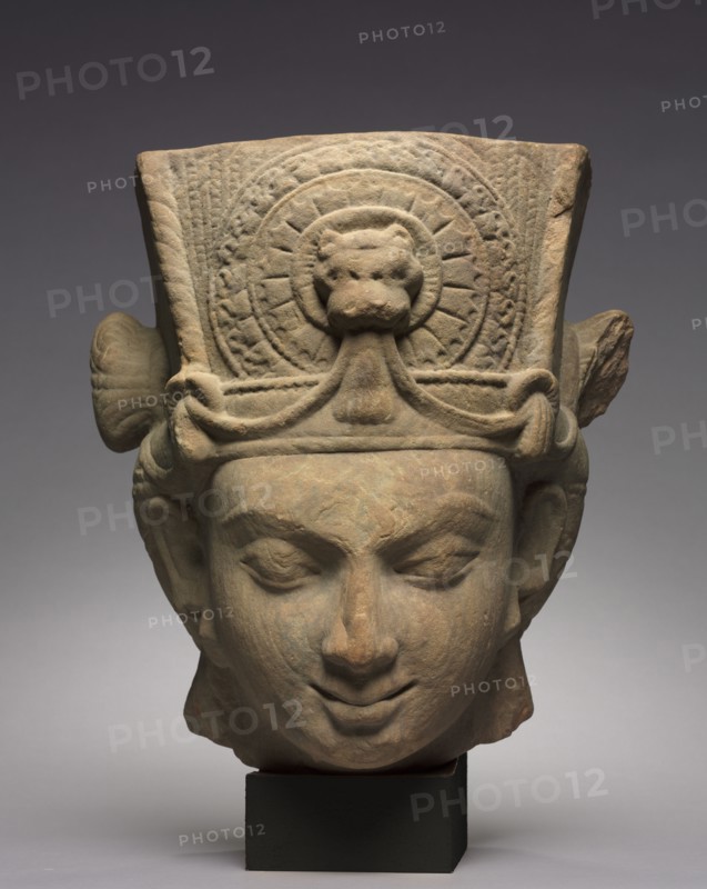 Head of Vishnu, 300s. Central India, Madhya Pradesh, Vidisha, Gupta Period (320-647). Sandstone; overall: 40.6 x 38.1 cm (16 x 15 in.).