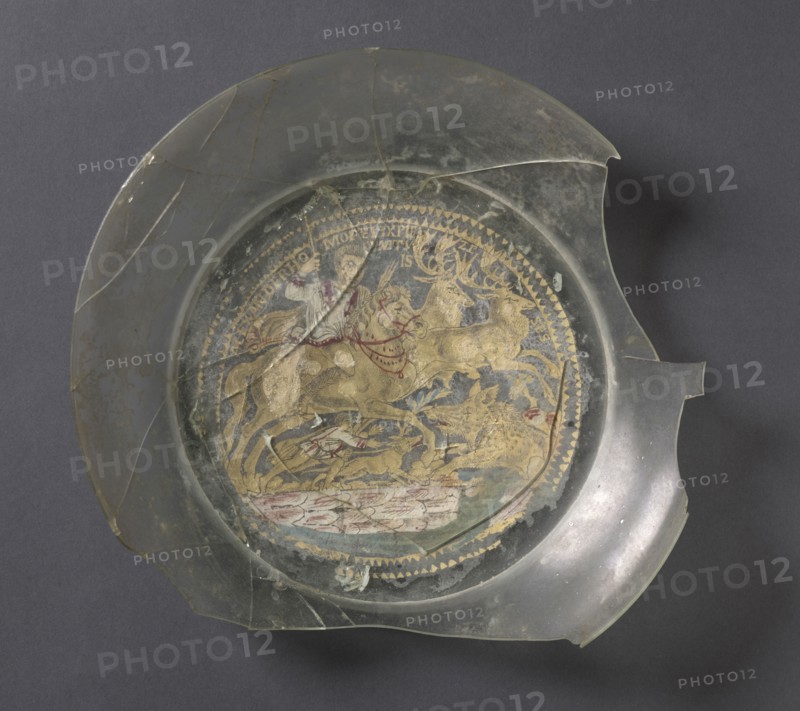 Dish, 235. Italy, Roman, 3rd century. Gold and glass; diameter: 25.8 cm (10 3/16 in.); overall: 4.6 cm (1 13/16 in.).