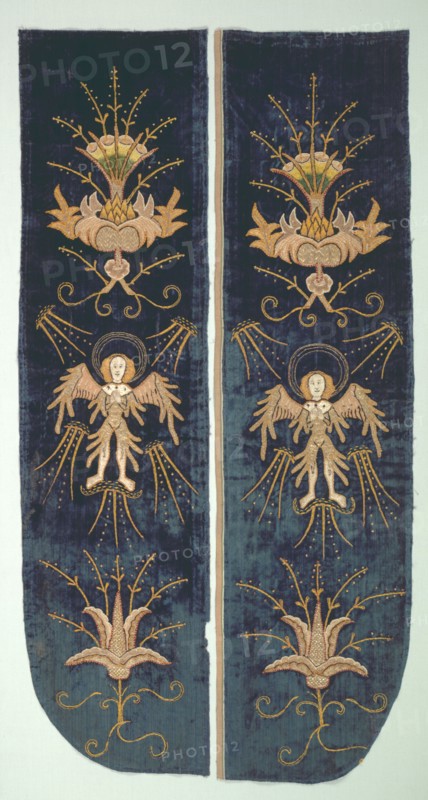 Part of a Chasuble Back, c. 1500. England, London (embroidery) and Italy, Florence (velvet), early 16th century. Silk, gold filé; appliqué, embroidery: couching stitches  Velvet: solid pile, silk; overall: 101 x 52.8 cm (39 3/4 x 20 13/16 in.)