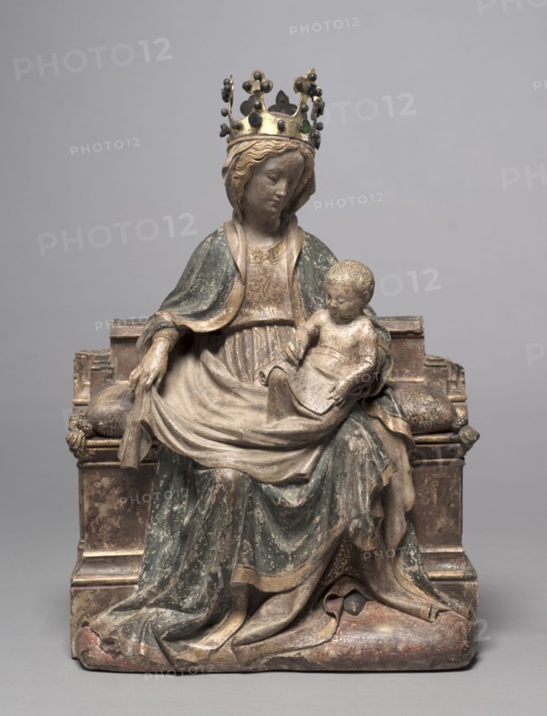 Enthroned Virgin with the Writing Christ Child, c. 1400. Franco-Netherlandish, active Paris(?), 15th century. Limestone with polychromy and gilding; overall: 44.8 x 31.5 x 15 cm (17 5/8 x 12 3/8 x 5 7/8 in.).