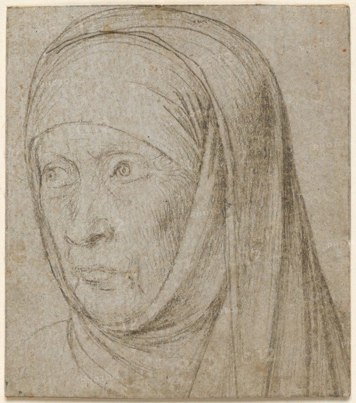 Head of an Old Woman, c. 1500. Hans Holbein (German, c. 1465-1524). Silverpoint; traces of framing lines in graphite; sheet: 6.6 x 5.8 cm (2 5/8 x 2 5/16 in.); secondary support: 6.6 x 5.8 cm (2 5/8 x 2 5/16 in.).
