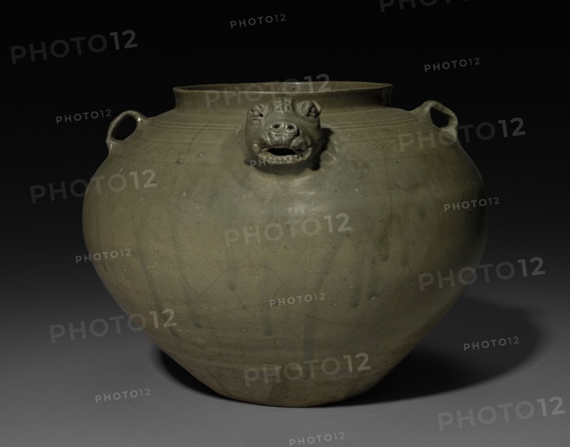 Jar with Tiger-Headed Spout:  Yue Ware, late 3rd-4th Century. China, Western Jin dynasty (265-316). Glazed stoneware; overall: 20.5 cm (8 1/16 in.).