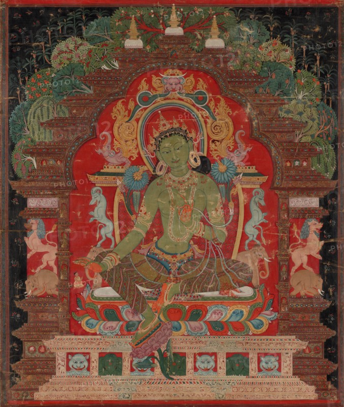 Green Tara, c. 1260s. Tibet, 13th century. Thangka, opaque watercolor and ink on cotton; overall: 52.4 x 43.2 cm (20 5/8 x 17 in.).