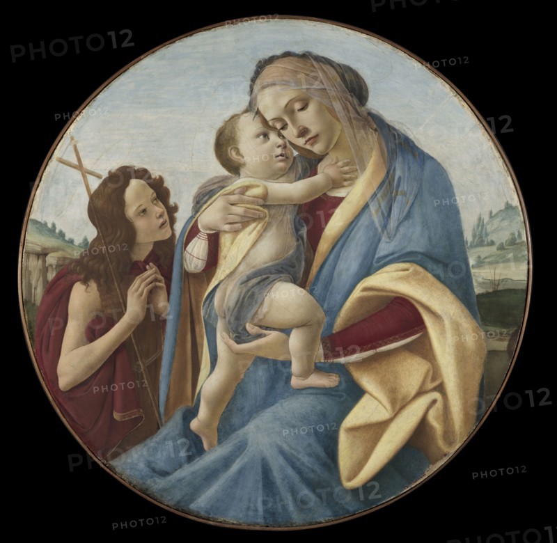 Virgin and Child with the Young Saint John the Baptist, c. 1490. Sandro Botticelli (Italian, 1444/45-1510), and Workshop. Tempera and oil on wood; framed: 115 x 12.5 cm (45 1/4 x 4 15/16 in.); diameter: 68 cm (26 3/4 in.).