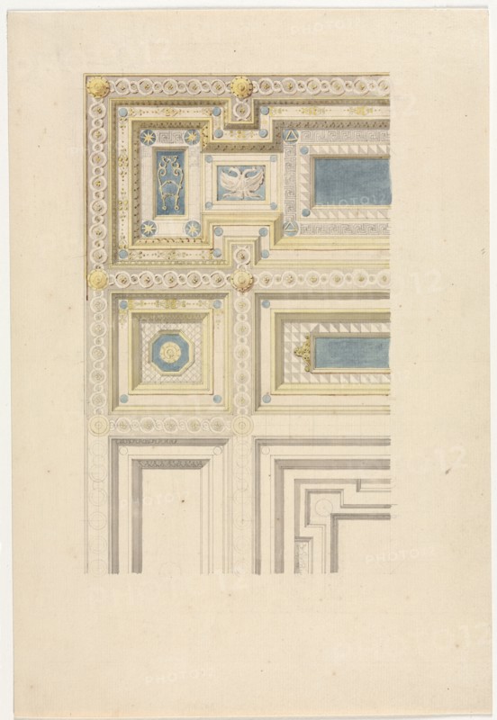 Design for Ornamental Ceiling, 19th century. Anonymous, after Charles Percier (French, 1764-1838). Pen and gray ink and gray, blue and yellow wash over graphite; sheet: 32.1 x 21.9 cm (12 5/8 x 8 5/8 in.); image: 22.3 x 14 cm (8 3/4 x 5 1/2 in.).