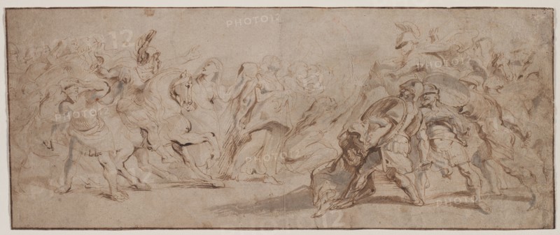Reconciliation of the Romans and the Sabines, c. 1632/35. Peter Paul Rubens (Flemish, 1577-1640). Pen and brown ink and brush and gray and brown wash; framing lines in brown ink; sheet: 19.9 x 49.2 cm (7 13/16 x 19 3/8 in.).