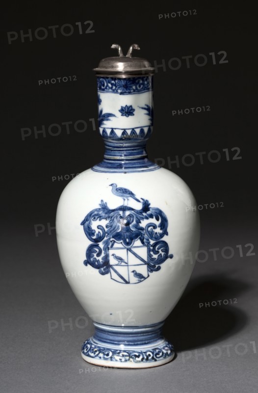 Pair of Jugs with Silver Mounts: Arita Ware, c. 1662-1676. Barent van Leeuwen (Dutch, 1637-1682). Porcelain with underglaze blue decoration and silver mounts; overall: 23 cm (9 1/16 in.); without cover: 22.2 cm (8 3/4 in.).