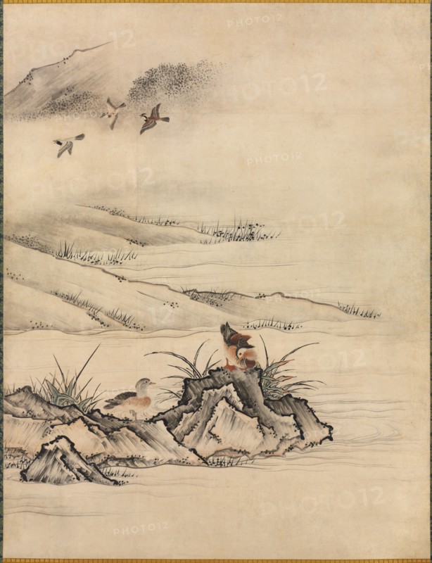 Flowers and Birds in a Spring Landscape, 1500s. Attributed to Kano Motonobu (Japanese, c. 1476-1559). Fusuma panel mounted as a hanging scroll; ink and color on paper; painting only: 177.1 x 137.1 cm (69 3/4 x 54 in.); including mounting: 259.1 x 151.1 cm (102 x 59 1/2 in.).