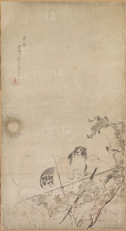 Puppies, Sparrows and Chrysanthemums, 1754-1799. Nagasawa Rosetsu (Japanese, 1754-1799). Fusuma panels mounted as hanging scrolls; ink and slight color on paper; overall: 211.4 x 94 cm (83 1/4 x 37 in.); painted surface: 167.6 x 91.5 cm (66 x 36 in.).