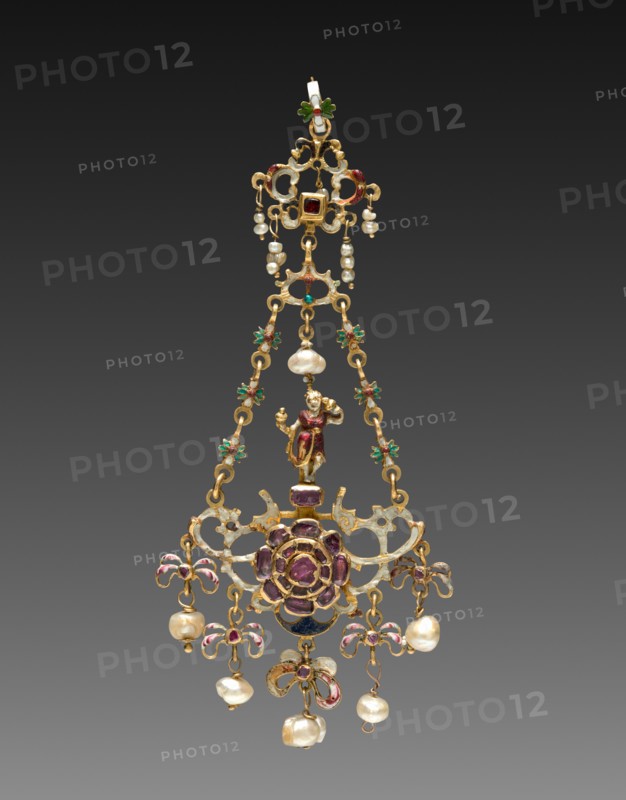 Pendant, 1600. Italy, 17th century. Gold, enamel, pearls, rubies; overall: 10.8 cm (4 1/4 in.).