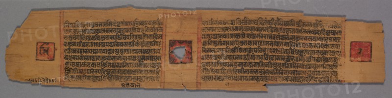 Leaf from a Jain Manuscript: Shalibhadra: Jain Monk Teaching with a Manuscript Page a Disciple and Two Laywomen and Two Laymen Below (recto); Leaf from a Jain Manuscript: Shalibhadra: Text (verso), 1279. Pradyumnasuri (Indian). Opaque watercolor and ink on palm leaf; overall: 6.7 x 32.4 cm (2 5/8 x 12 3/4 in.).