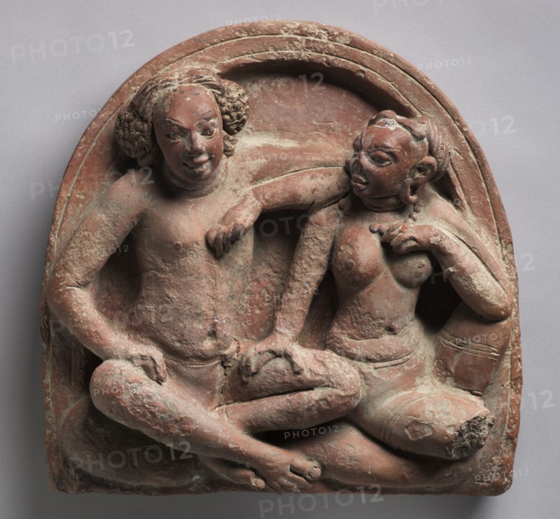 Amorous Couple:  Mithuna, 400s-500s. Northern India, Uttar Pradesh, Ahichchatra, Gupta period (c. 320-550). Terracotta; overall: 38.5 x 37 cm (15 3/16 x 14 9/16 in.).