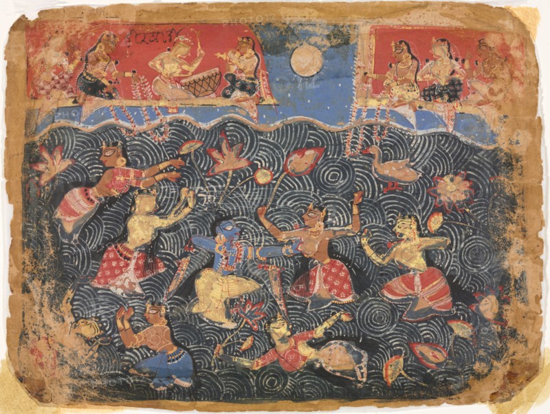 Krishna sporting with the gopis in the Jumna River, from a Bhagavata Purana, c. 1525-50. India, Pre-Mughal, early Rajput, 16th Century. Ink and color on paper; overall: 16.5 x 22.2 cm (6 1/2 x 8 3/4 in.).