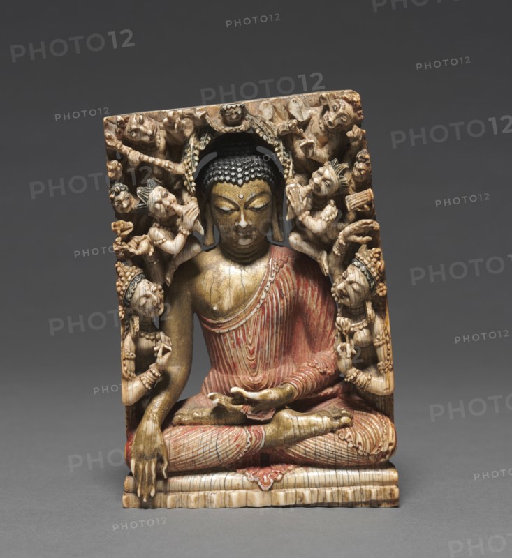 Temptation of Buddha by the Evil Forces of Mara, 700s. Northern India, Kashmir, 8th century. Ivory with gold and polychrome; overall: 13 x 8.9 cm (5 1/8 x 3 1/2 in.).