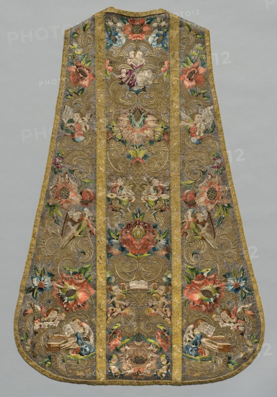 Chasuble, 1675-1699. Germany, Bavaria, last quarter of 17th century. Embroidery, silk and metallic threads, on silk tabby sewn down on a linen tabby ground; overall: 116.9 x 78.1 cm (46 x 30 3/4 in.)