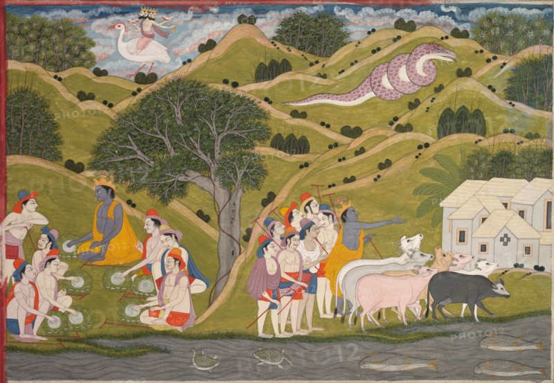Krishna Returns with the Cowherds to Braj, from a Bhagavata Purana, c. 1830. Northern India, Uttarakhand, probably Garhwal. Opaque watercolor on paper; overall: 22 x 33 cm (8 11/16 x 13 in.).