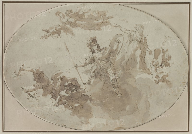 Ceiling Study: Allegory of Peace and War, c. 1800 ?. Giuseppe Bernardino Bison (Italian, 1762-1844). Pen and brown ink and brush and brown wash over black chalk; sheet: 29.7 x 43 cm (11 11/16 x 16 15/16 in.); secondary support: 29.7 x 43 cm (11 11/16 x 16 15/16 in.); tertiary support: 37.8 x 50.9 cm (14 7/8 x 20 1/16 in.).