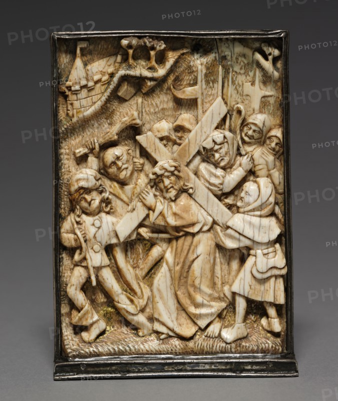 Plaque: Christ Carrying the Cross, c. 1480-1500. Germany, Lower Rhine, late 15th Century. Ivory with traces of color and gold, mounted in silver frame; overall: 12.6 x 9 cm (4 15/16 x 3 9/16 in.)