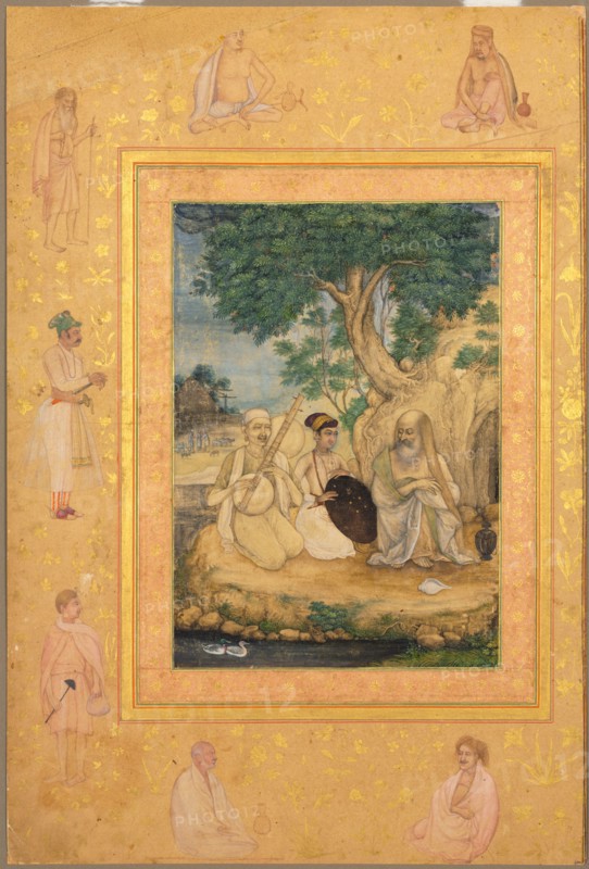 Page from the Late Shah Jahan Album: Prince and Ascetics, c. 1630. Attributed to Govardhan (Indian, active c.1596-1645). Opaque watercolor, gold, and ink on paper; image: 20.3 x 14.3 cm (8 x 5 5/8 in.); sheet with border: 37.5 x 25.2 cm (14 3/4 x 9 15/16 in.).