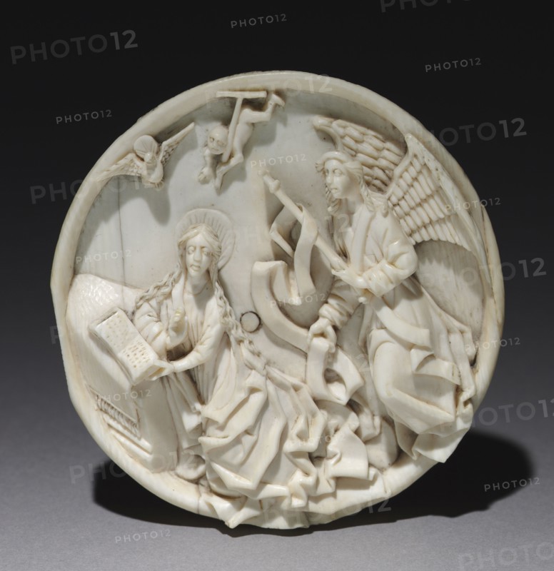 Roundel with the Annunciation, c. 1470. Germany, Upper Rhine, 15th century. Ivory; diameter: 10.2 cm (4 in.).